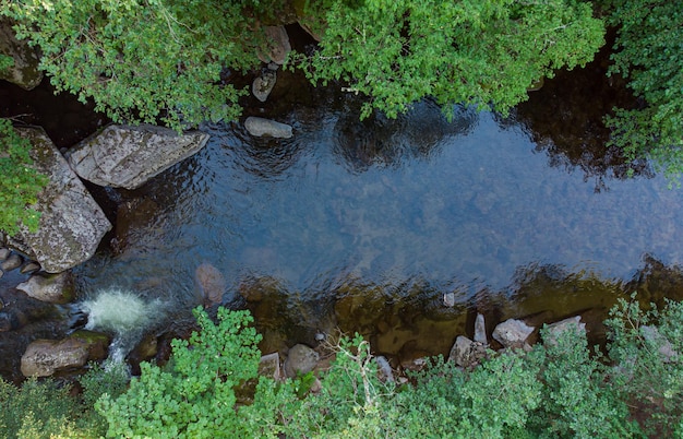 Aerial view of a stream in the forest in Rhodope Mountains near the town of Devin