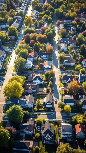 aerial view of suburban houses in big city