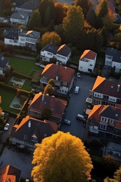 aerial view of suburban houses in sunse