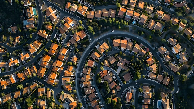 An aerial view of a suburban neighborhood with curving roads and orange rooftops