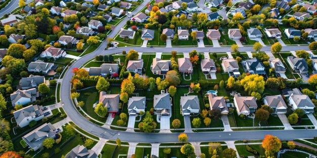 Photo an aerial view of a suburban neighborhood with rows of houses