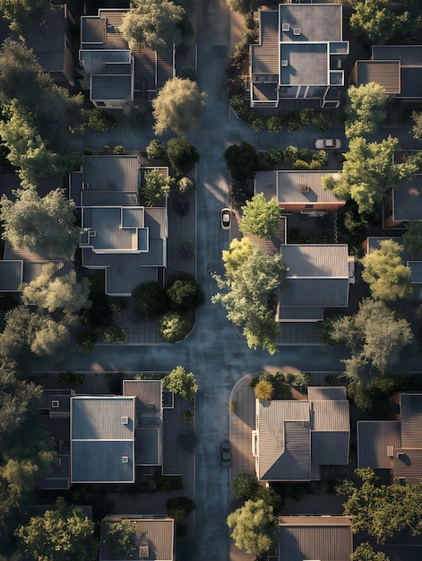 Aerial View of Suburban Neighborhood with Solar Panels at Sunset