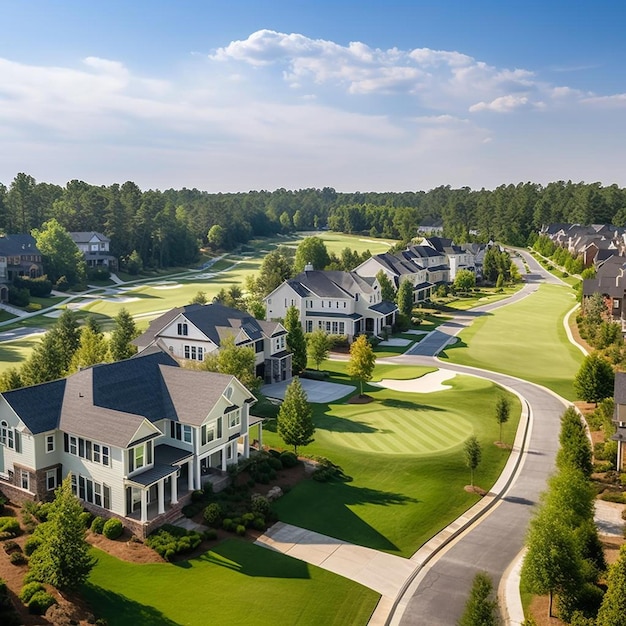 aerial view suburban residential street with row of upscale two story new development houses and