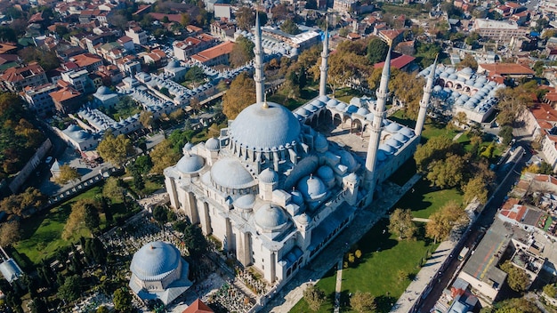 Aerial view of Suleymaniye Mosque with four minaret in IstanbulTurkey