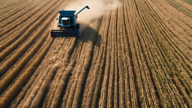 Aerial view of summer harvest combine harvester harvesting large field