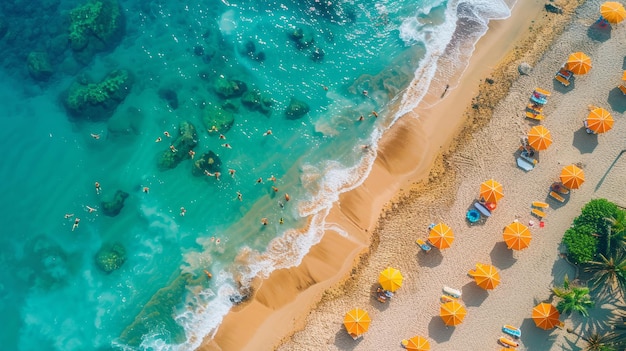 Aerial View of Sunny Beach with Colorful Umbrellas and Swimmers