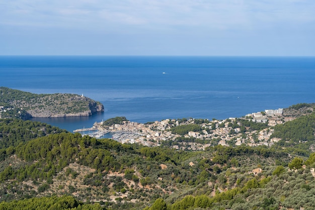 Aerial view of the sunny shore of Mirador de Ses Barques, Mallorca, Balearic islands