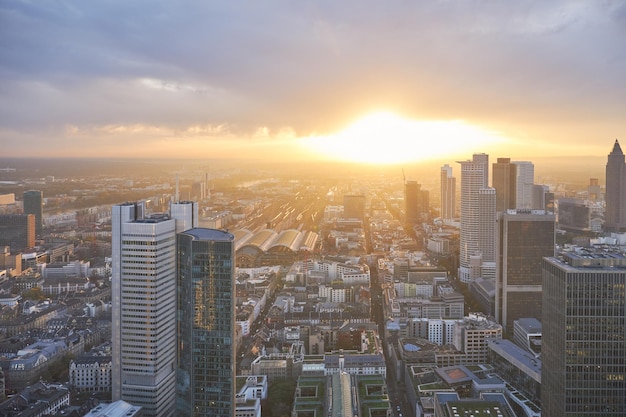 Aerial view at sunset of the city of Frankfurt in Germany