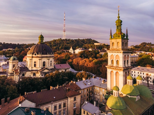 Aerial view of sunset above european city