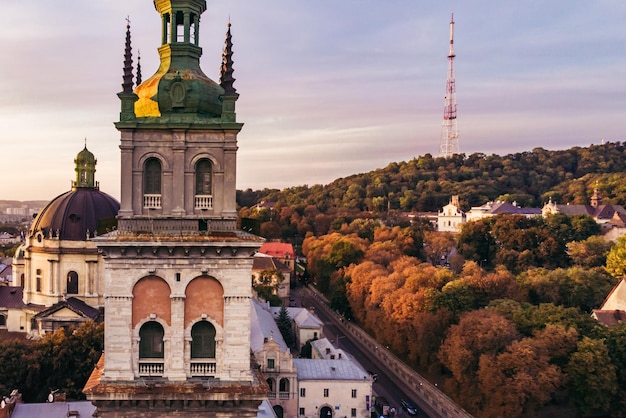 Aerial view of sunset above european city