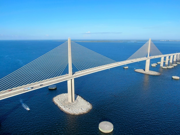 Aerial view of Sunshine Skyway Tampa Bay Florida USA Big steel cable suspension bridge