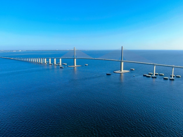 Aerial view of Sunshine Skyway Tampa Bay Florida USA Big steel cable suspension bridge