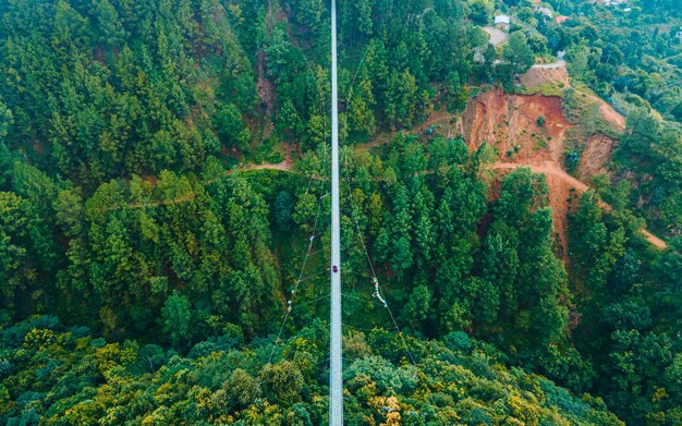 aerial view of suspension bridge during Monsoon season in Kathmandu Nepal