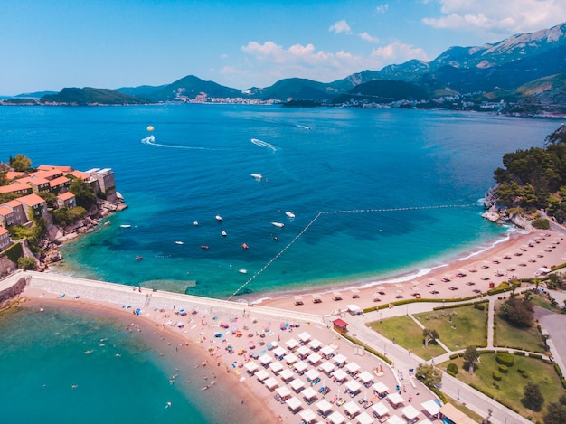 Aerial view of sveti stefan beach montenegro summer vacation