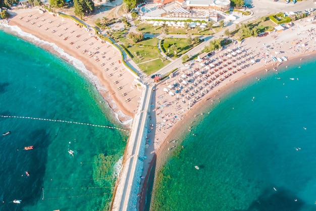 Aerial view of sveti stefan beach