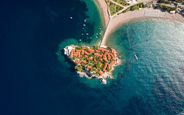 Aerial view at Sveti Stefan islet in Montenegro