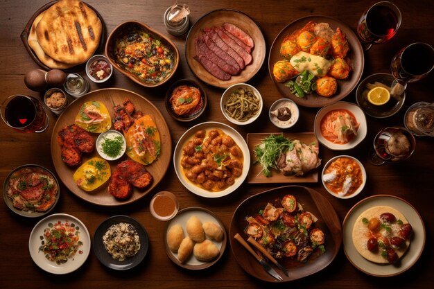 Aerial view of a table full of food