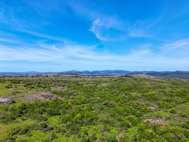 Foto vista aerea scattata da un drone di un campo con vegetazione luminosa e piccole montagne