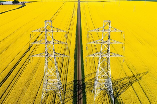 An aerial view taken from a helicopter of two high voltage power transmission pylons in the uk