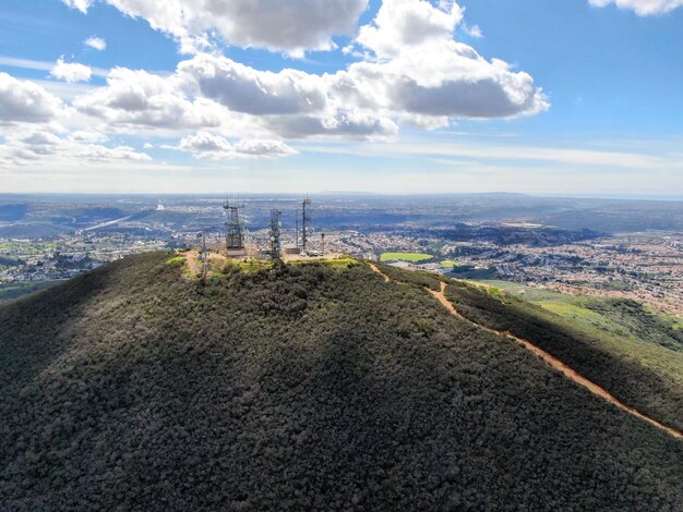 Aerial view of telecommunication antennas on the top of mountain