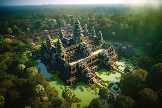 An aerial view of a temple in angkor wat.