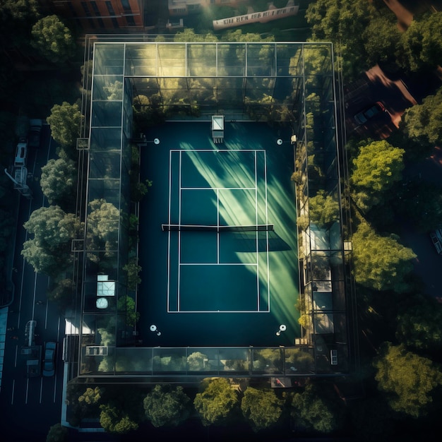 Foto vista aerea di un campo da tennis circondato da un'area verde