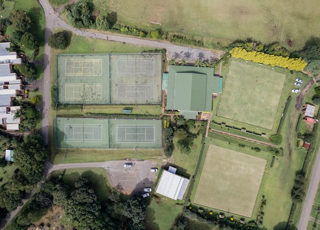 Aerial view of tennis courts and bowling greens