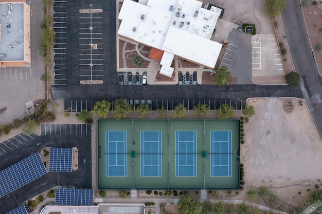 Aerial view of tennis courts straight down drone shot