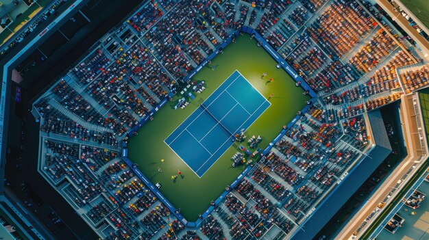 An aerial view of a tennis stadium packed with cheering fans with players on the court