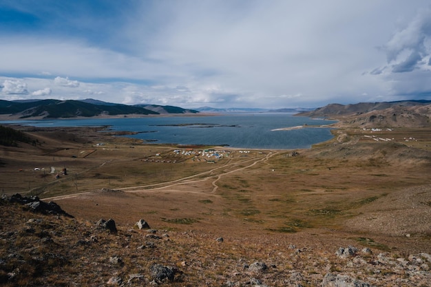 Aerial view of Terkhiin Tsagaan Lake (also called White Lake) at the end of the summer in Mongolia