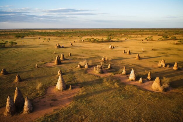 Aerial view of termite mounds in a landscape created with generative ai