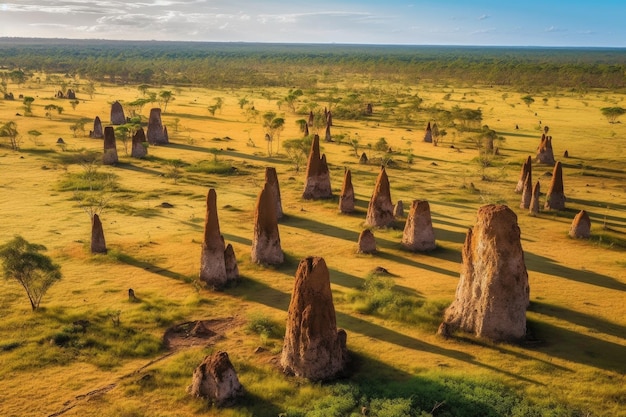 Aerial view of termite mounds in a landscape created with generative ai