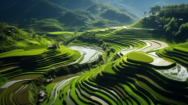 Aerial view of terraced rice paddies