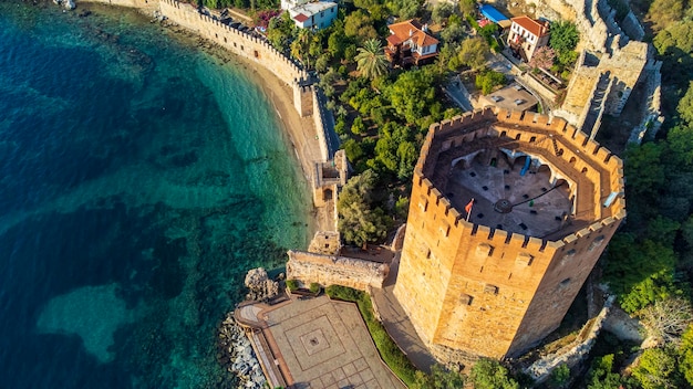 An aerial view of the Tersane beach bay Alanya in Antalya Turkey Sea and city with an open sky Kizil Kule Alanya