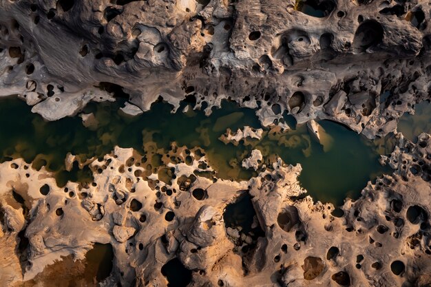 Aerial view of Thailand grand canyon sam phan bok at Ubon Ratchathani, Thailand. Beautiful landscape of holes and rock mountain