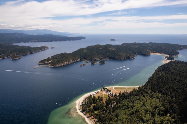 Aerial view of Thormanby Island during a sunny summer day
