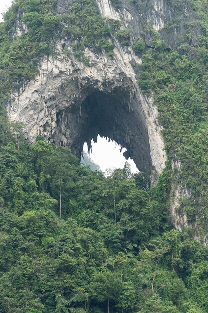 Aerial view of Thung mountain in Tra Linh Cao Bang province Vietnam with lake cloudy nature Travel and landscape concept