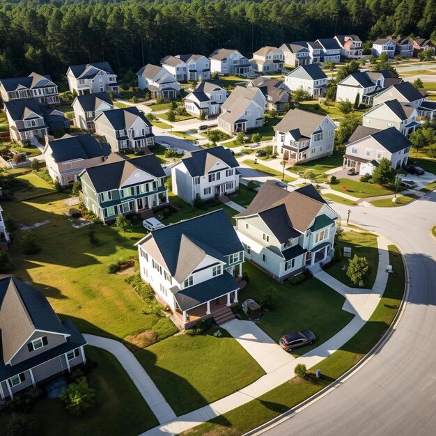 Foto vista aerea di nuove case familiari strettamente situate nell'area suburbana del south carolina