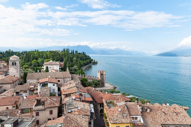 Aerial view on the tile roofs of Sirmione from the tower of Scaliger castle