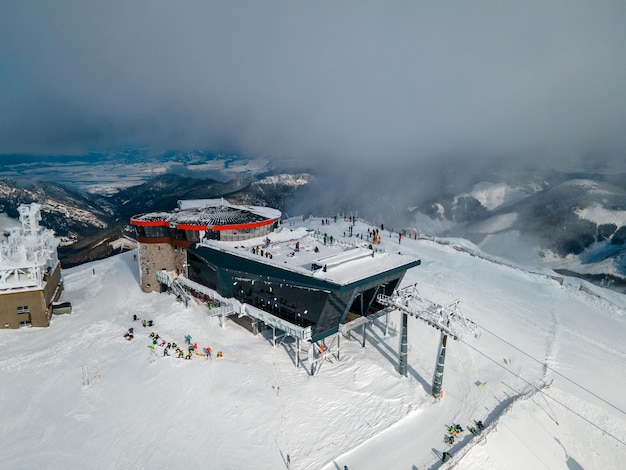 Aerial view of top ski lift cabin station on chopok mountain Slovakia