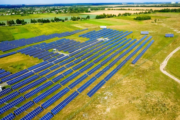 Aerial view top view on blue solar pannels