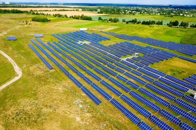 Aerial view top view on blue solar pannels