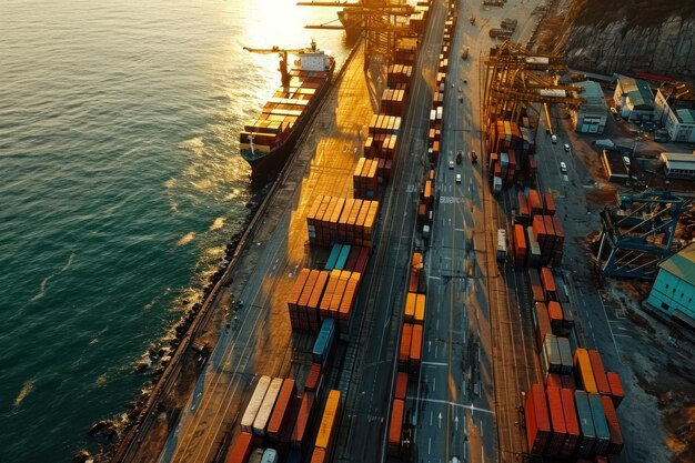 Aerial view and top view cargo plane flying above ship port