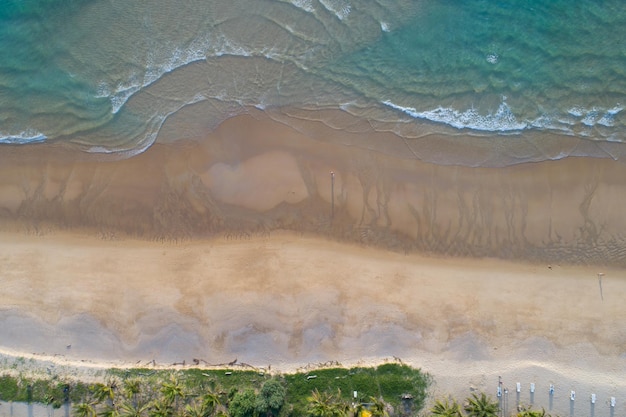 Aerial view top view of Coconut palm trees on the beautiful Karon beach Phuket Thailand Amazing sea beach sand tourist travel destination in the andaman sea Beautiful phuket island in sunset time.