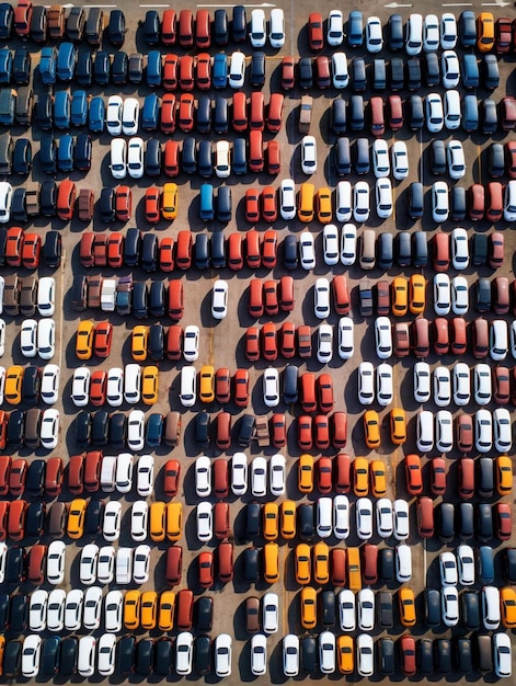 Photo aerial view top view a lot of car for import and export shipping to dealership