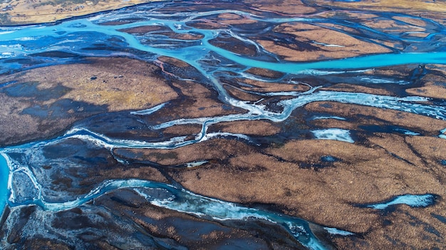 Aerial view and top view river in Iceland.