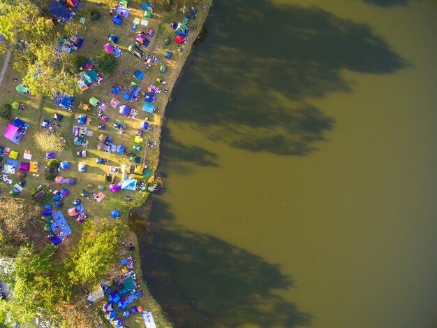 Aerial view of tourist camp in a mountain, Shot from drone