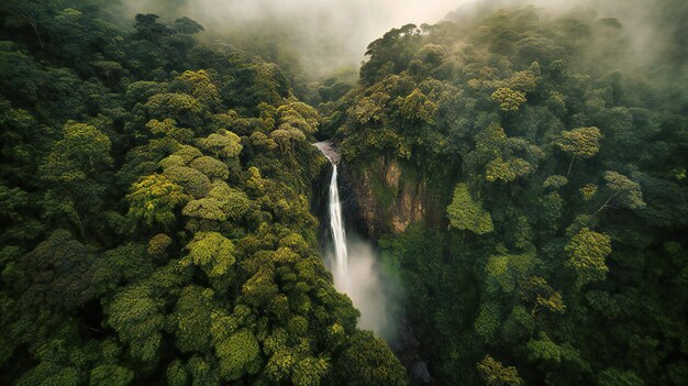 An aerial view of a towering waterfall plunging into a misty valley surrounded by a lush forest