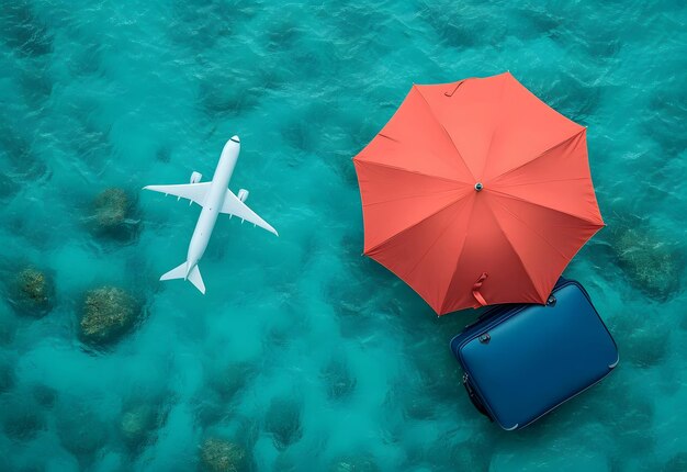 Photo aerial view of a toy airplane red umbrella and blue suitcase floating on clear turquoise water