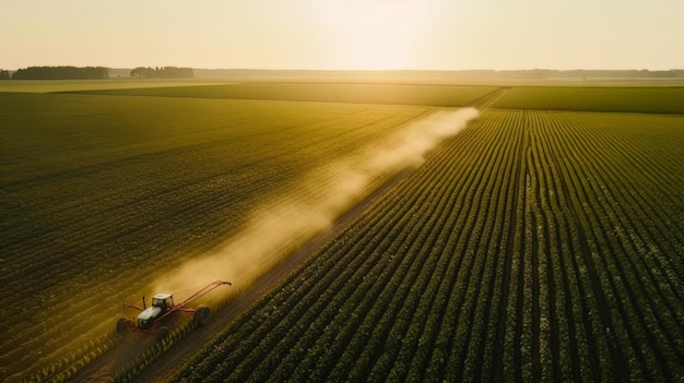 Vista aerea del trattore che spruzza pesticidi sulla piantagione di soia verde al tramonto generative ai